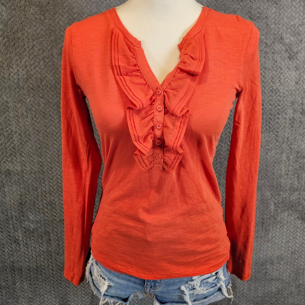 Ann Taylor LOFT Romantic Boho‎ Womens XS Orange Ruffle Henley Long Sleeve Top